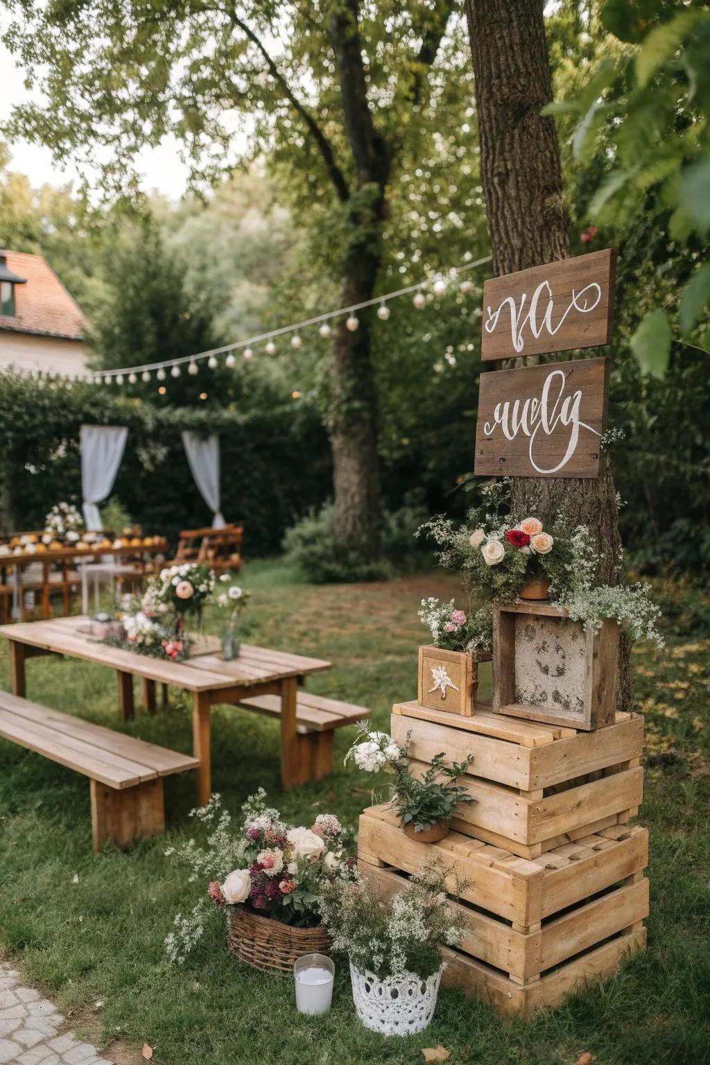 Rustic wooden elements add charm and warmth to your backyard wedding.