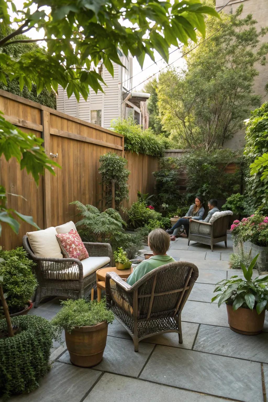 A cozy patio seating area surrounded by lush potted plants.