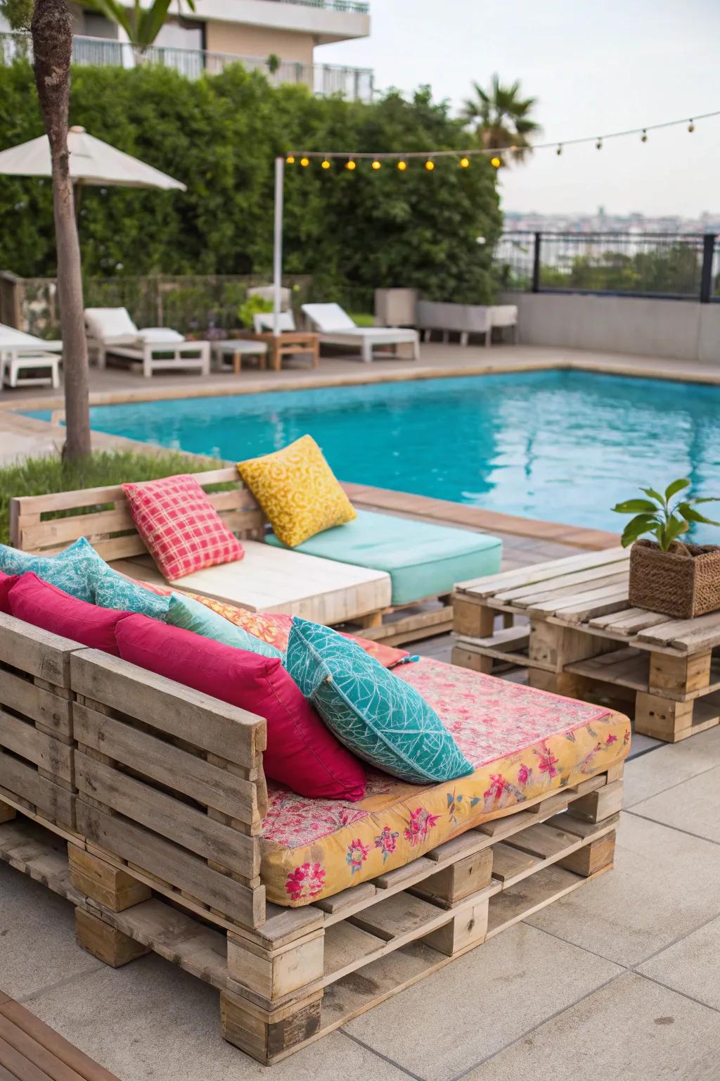 Repurposed pallet furniture adds rustic charm to the poolside.