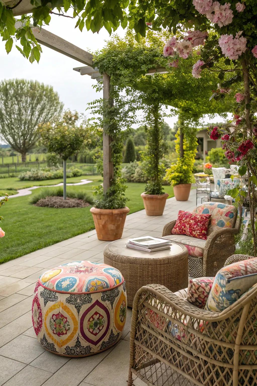 A vibrant patio with colorful garden stools serving as side tables, enhancing the outdoor ambiance.