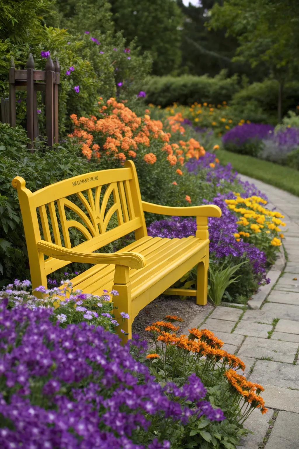 A yellow bench provides a bold contrast against colorful garden blooms.