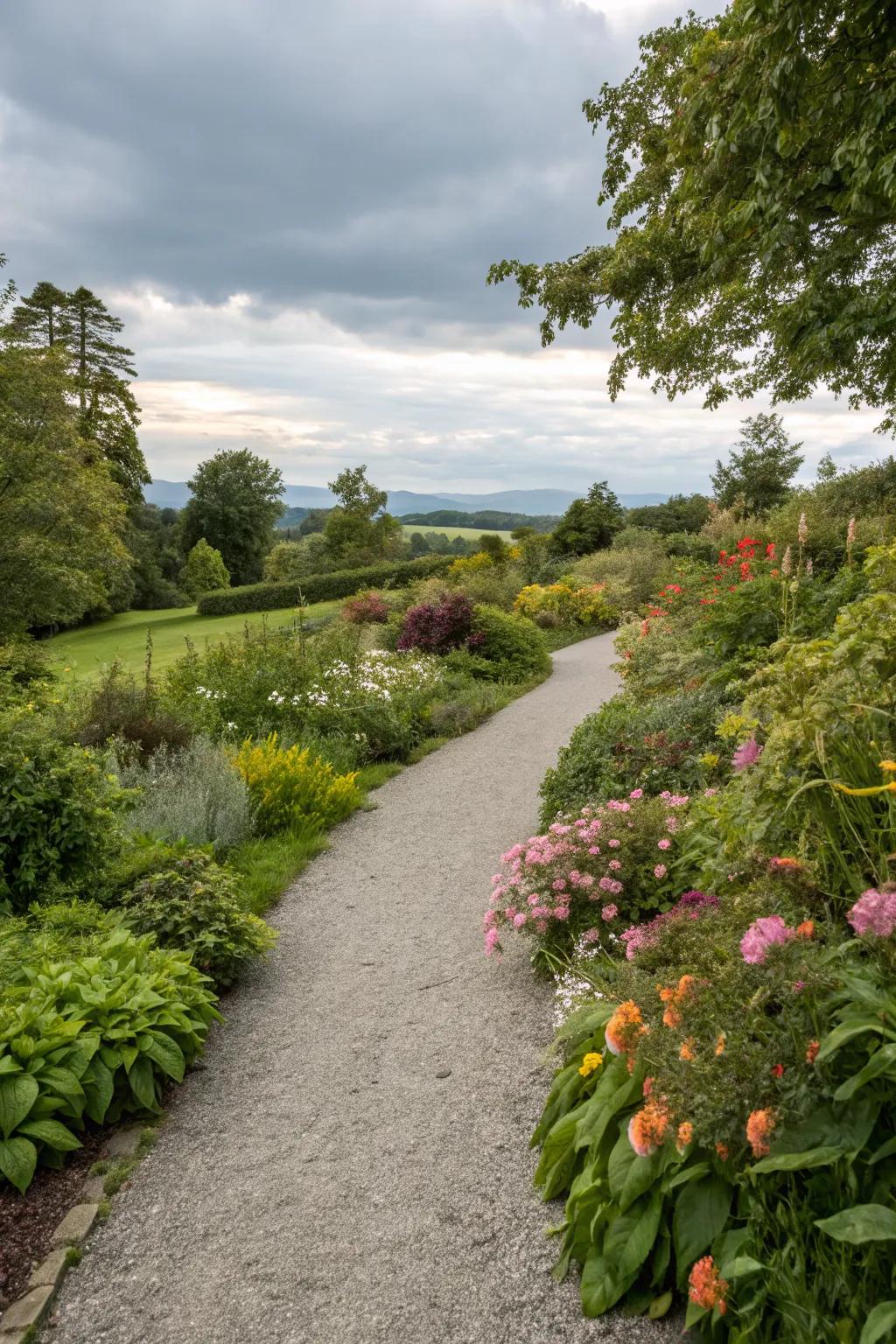A serpentine gravel pathway weaving through a vibrant garden.