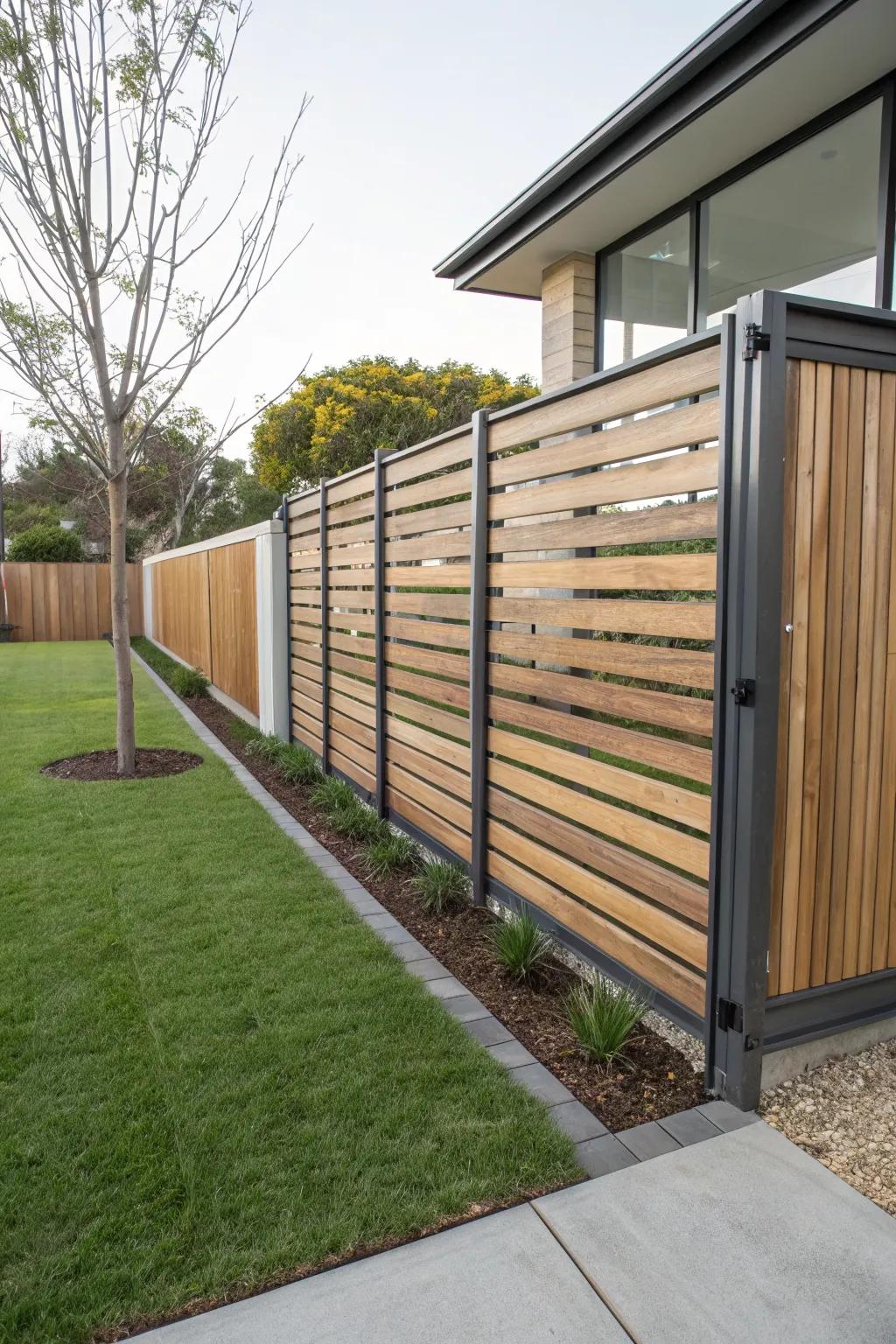 A modern wood and metal fence brings sleek elegance to any backyard.