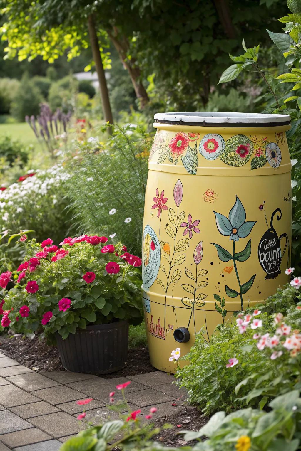Add a splash of color with a painted rain barrel masterpiece.