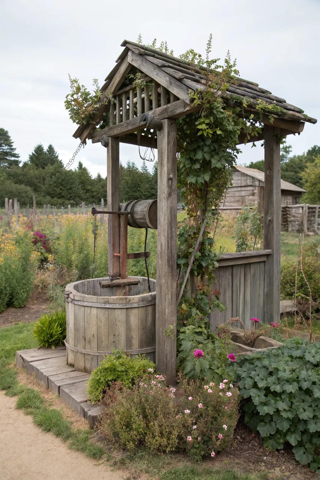A rustic wooden enclosure adds a cozy charm to any garden.