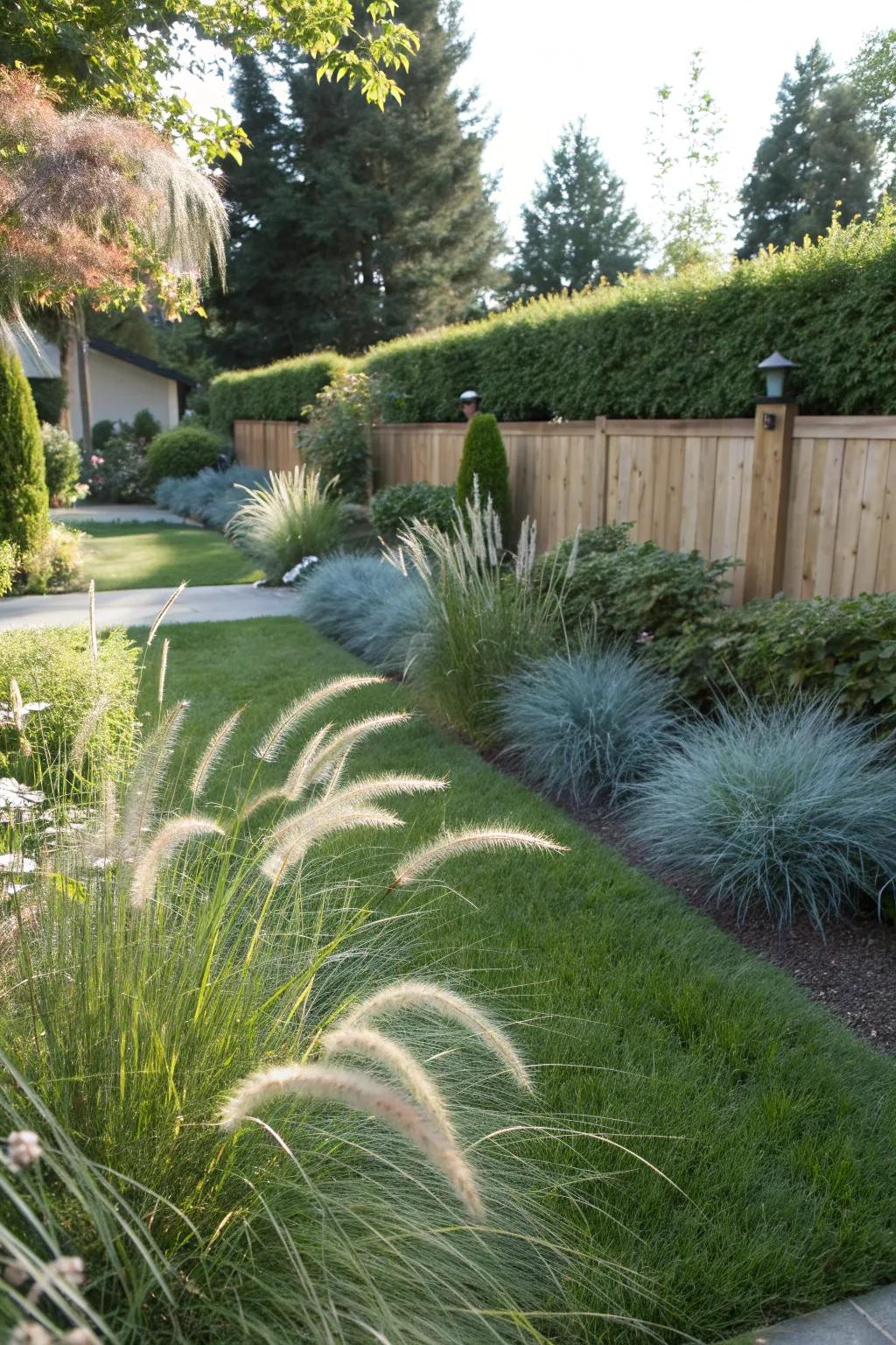 Graceful ornamental grasses swaying in the breeze, adding texture without attracting deer.