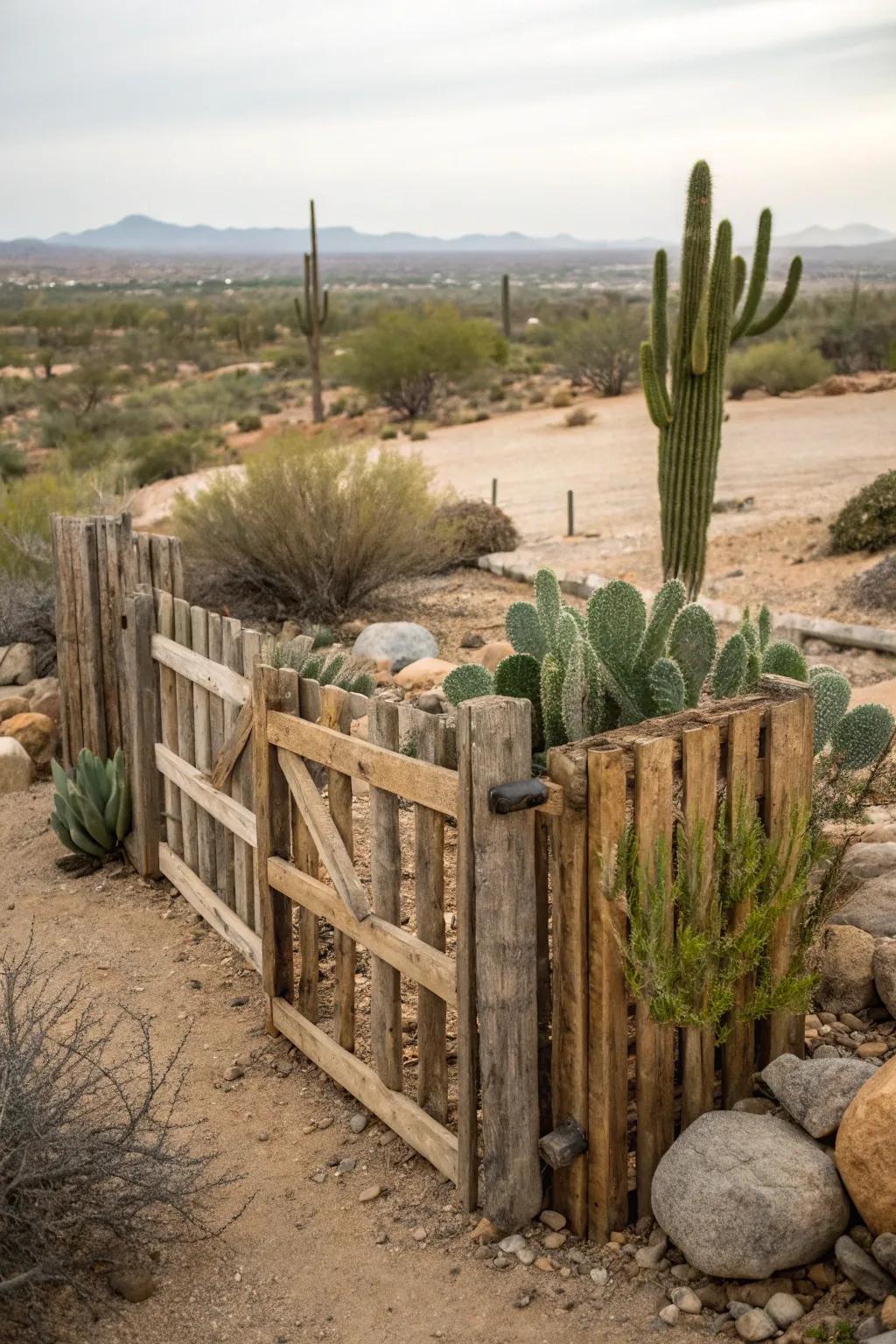 A rustic wooden pallet fence adds charm to a desert garden.