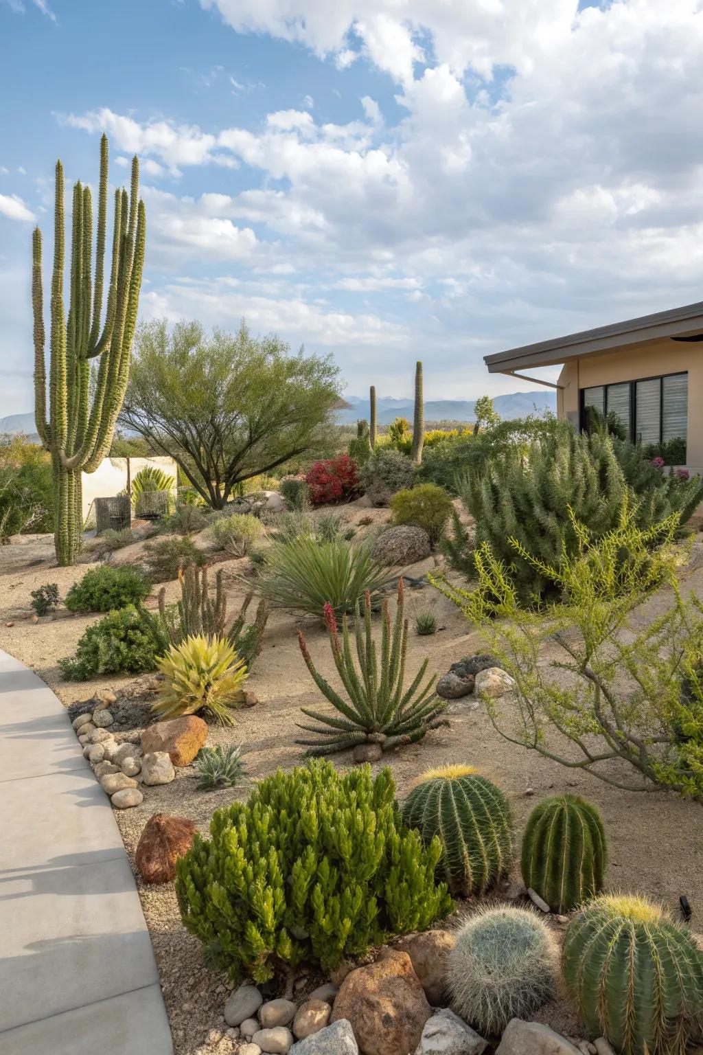A desert front yard filled with diverse succulents and cacti, demonstrating the beauty of drought-resistant plants.