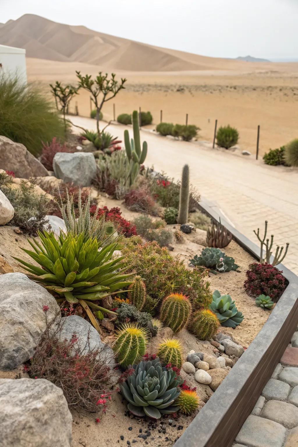 A vibrant succulent and cactus garden in a desert landscape.
