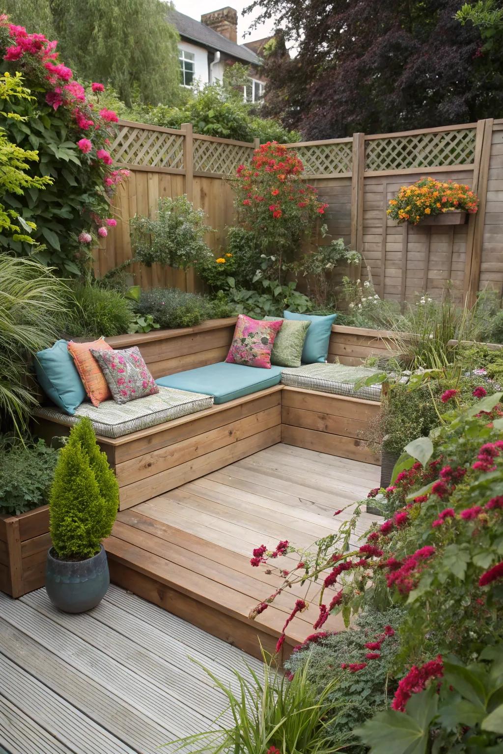 Built-in seating adds both functionality and style to a garden deck.