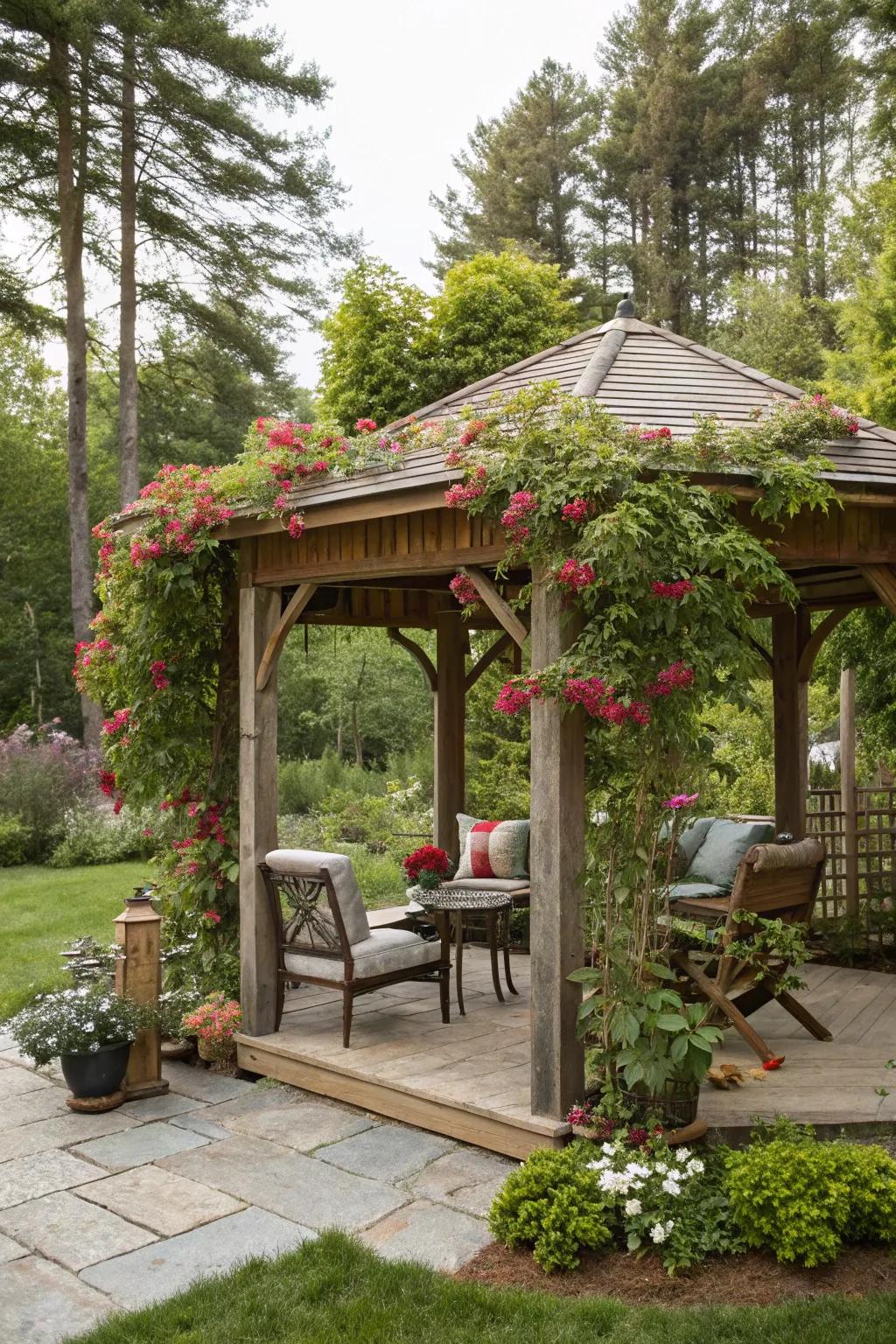 Transform your garden with a rustic gazebo retreat.
