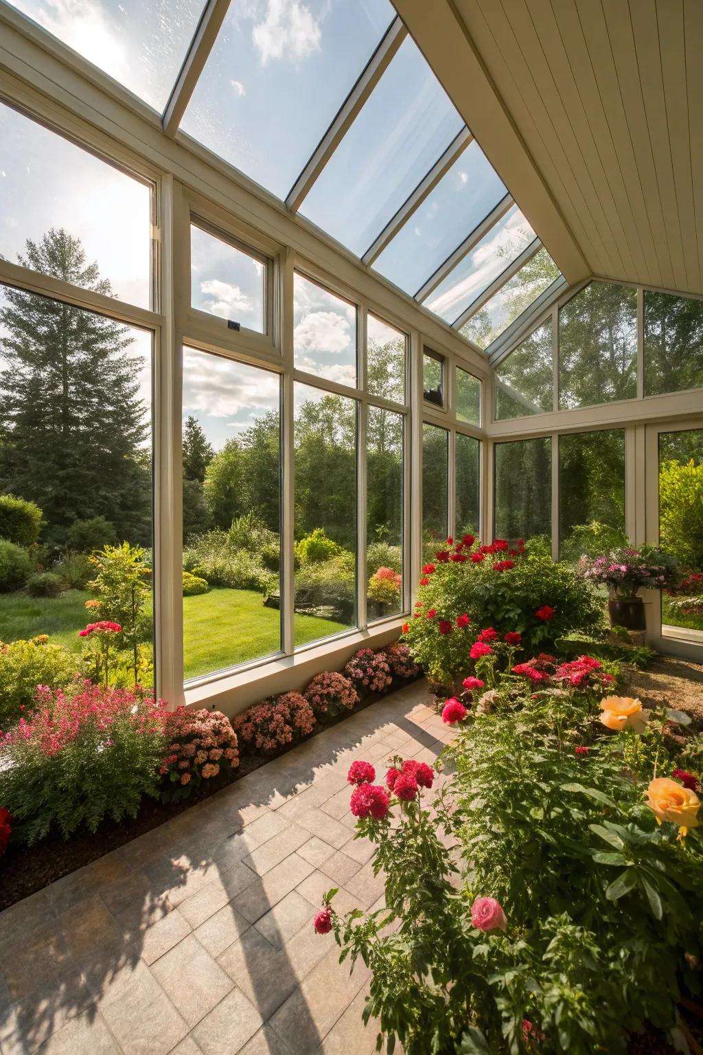 Sun-drenched sunroom with expansive glass walls.