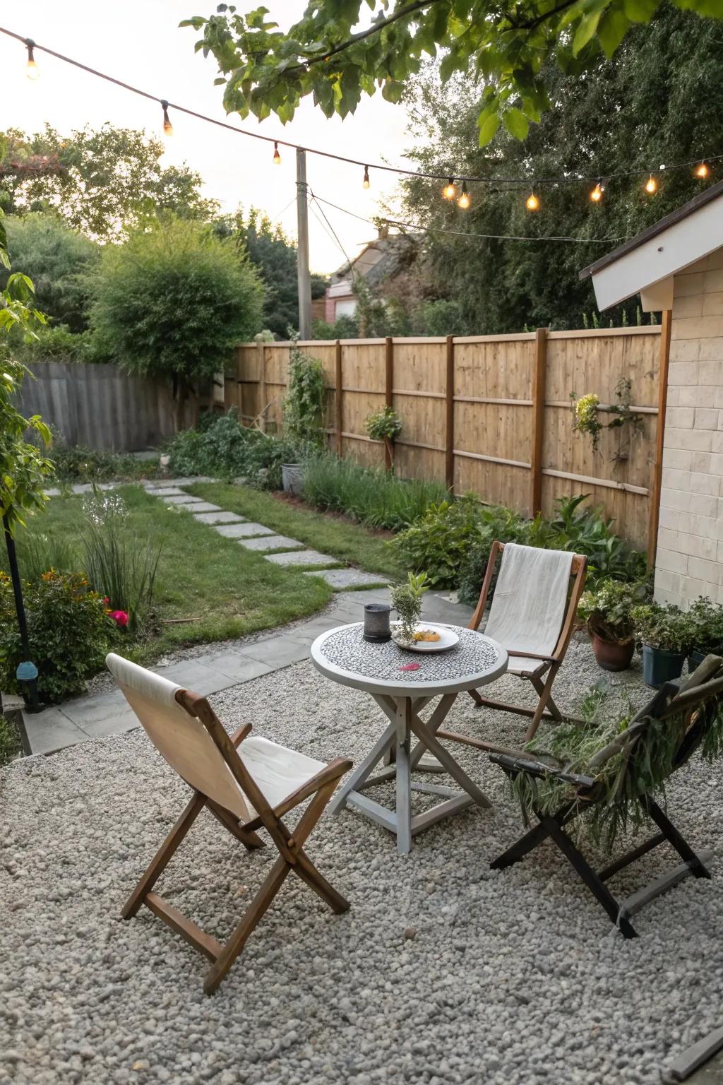 A cozy seating area with gravel flooring brings charm to a dirt backyard.