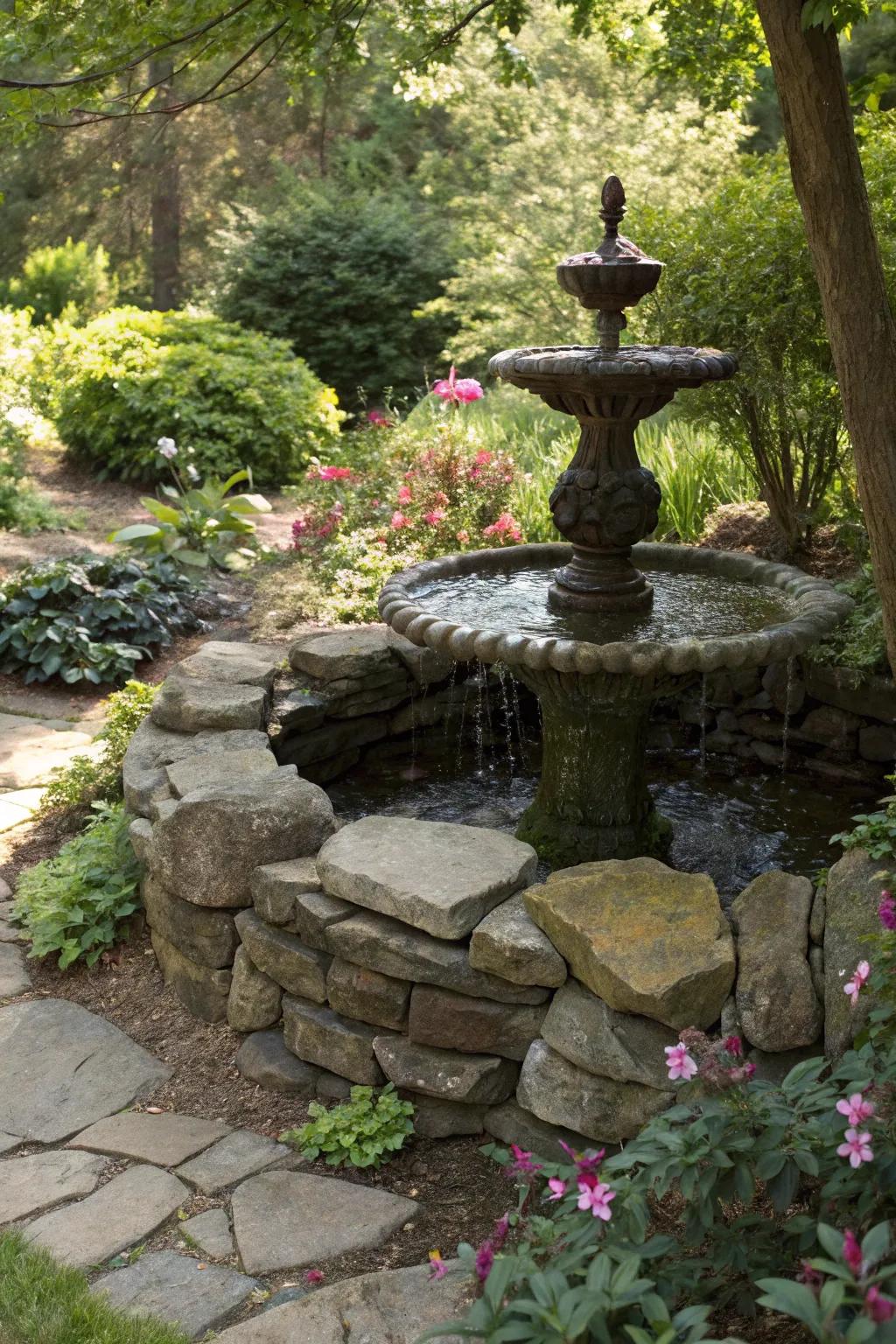 A disappearing fountain seamlessly nestled among natural stones for a rustic garden oasis.