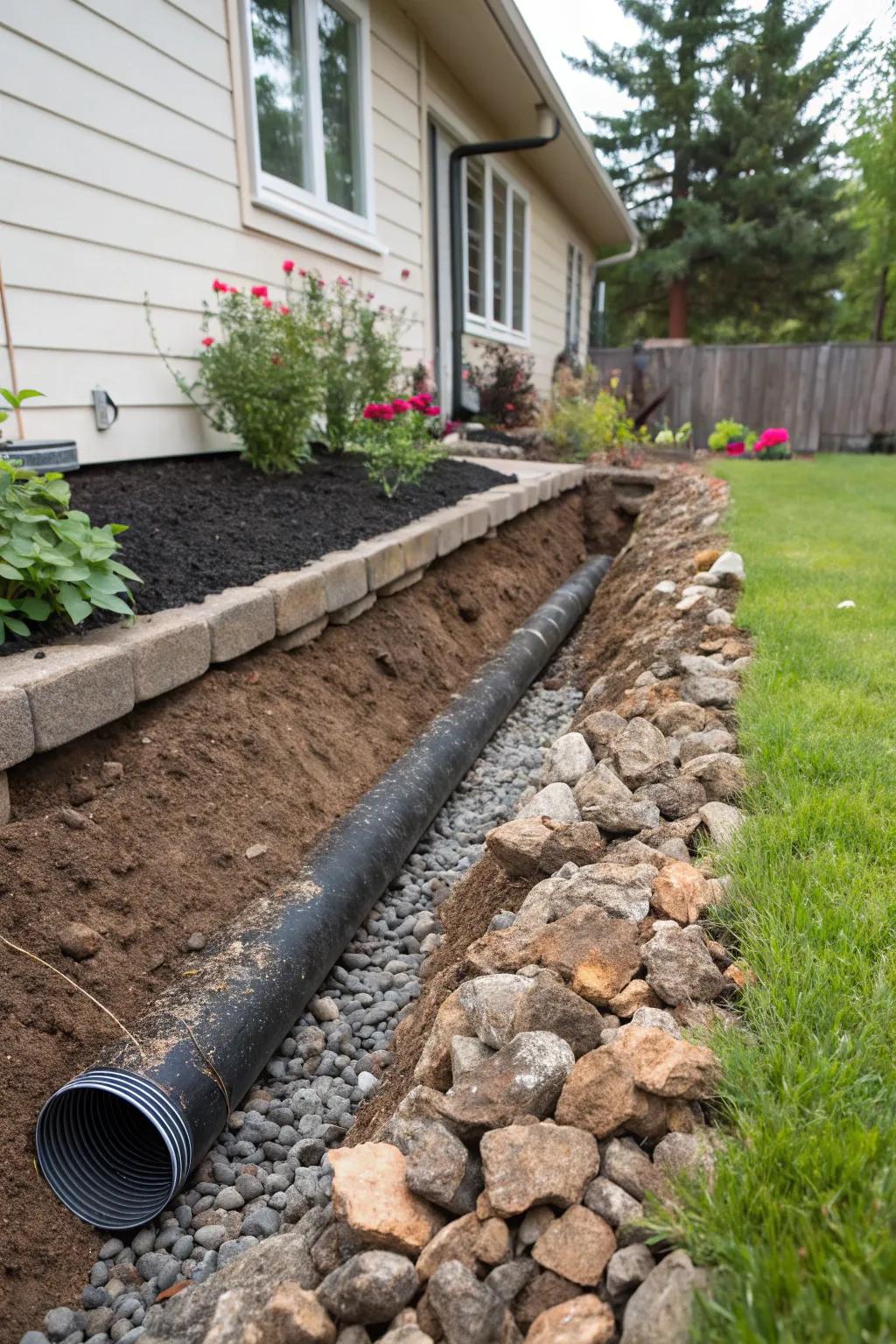 A French drain discreetly blends into this garden while protecting the foundation.