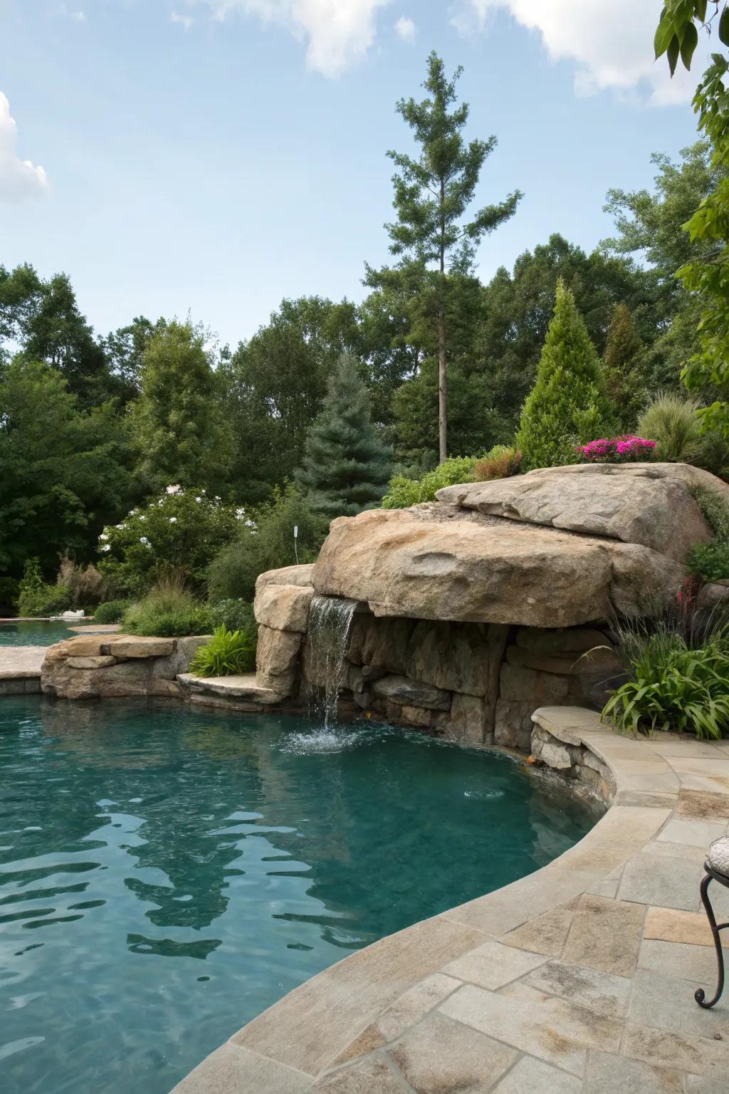 A natural stone seamlessly integrated into a poolside environment.