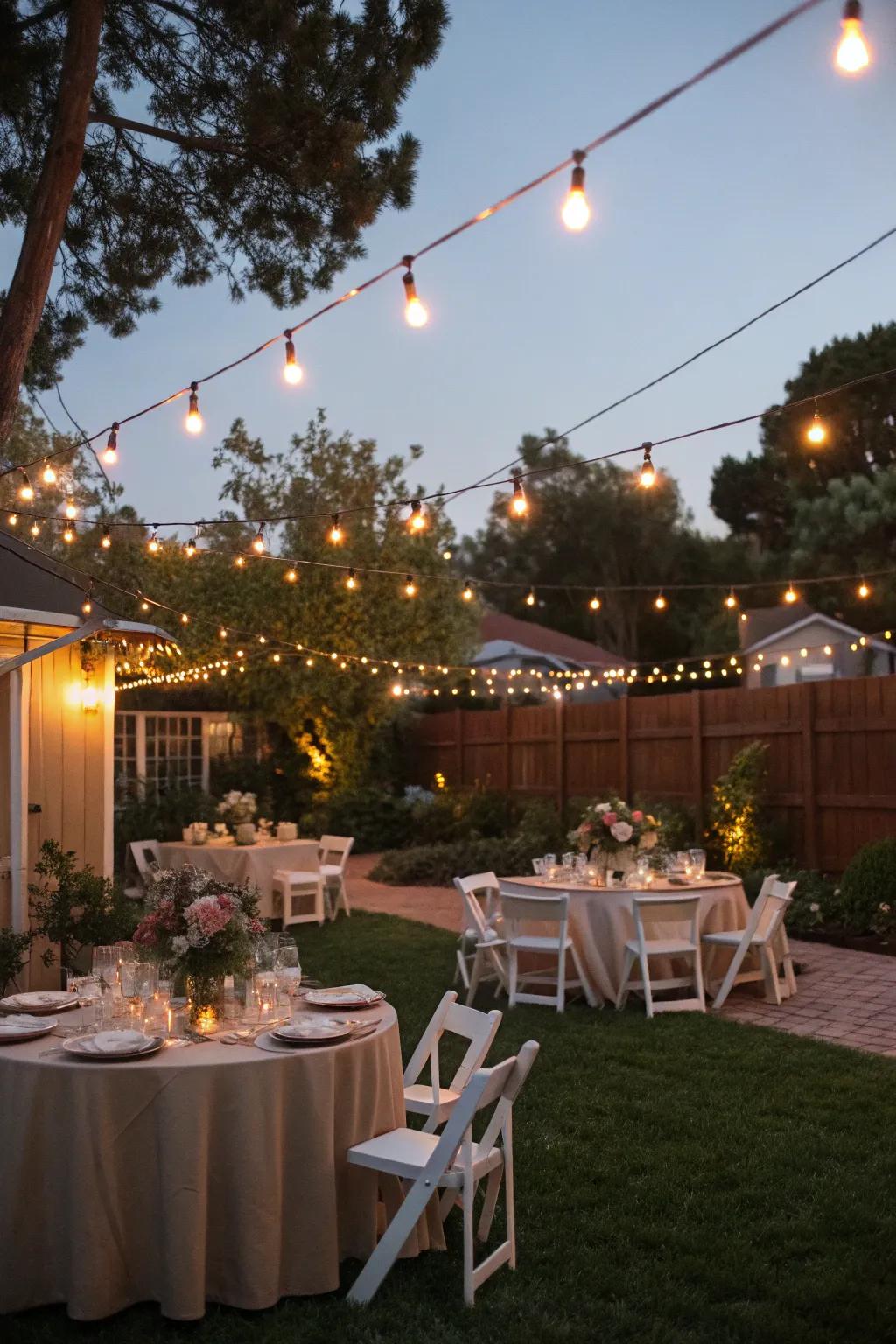 String lights create a magical canopy for your evening celebration.