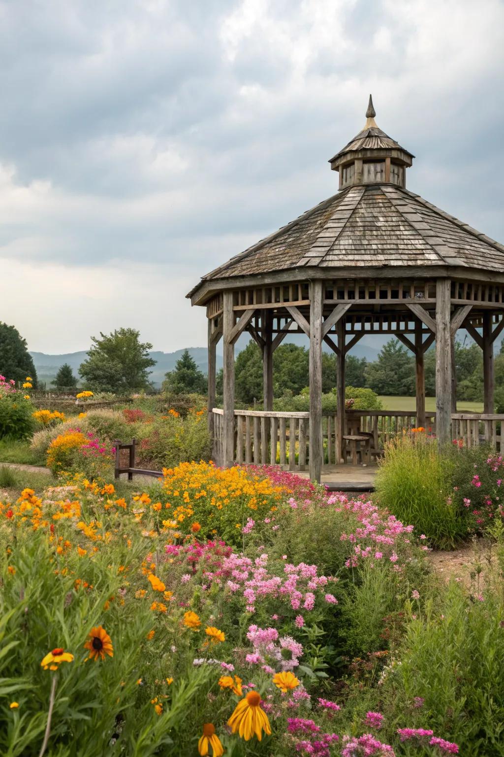 A rustic wooden gazebo surrounded by colorful wildflowers.