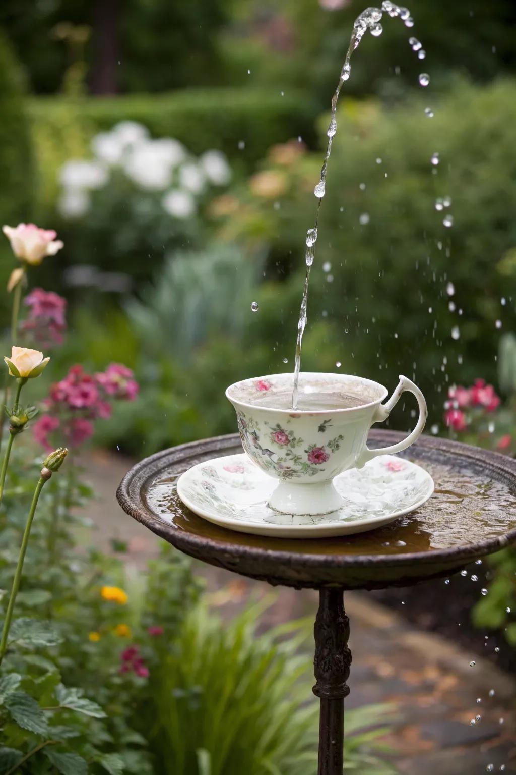 Whimsical teacup birdbath brings a touch of elegance to any garden.