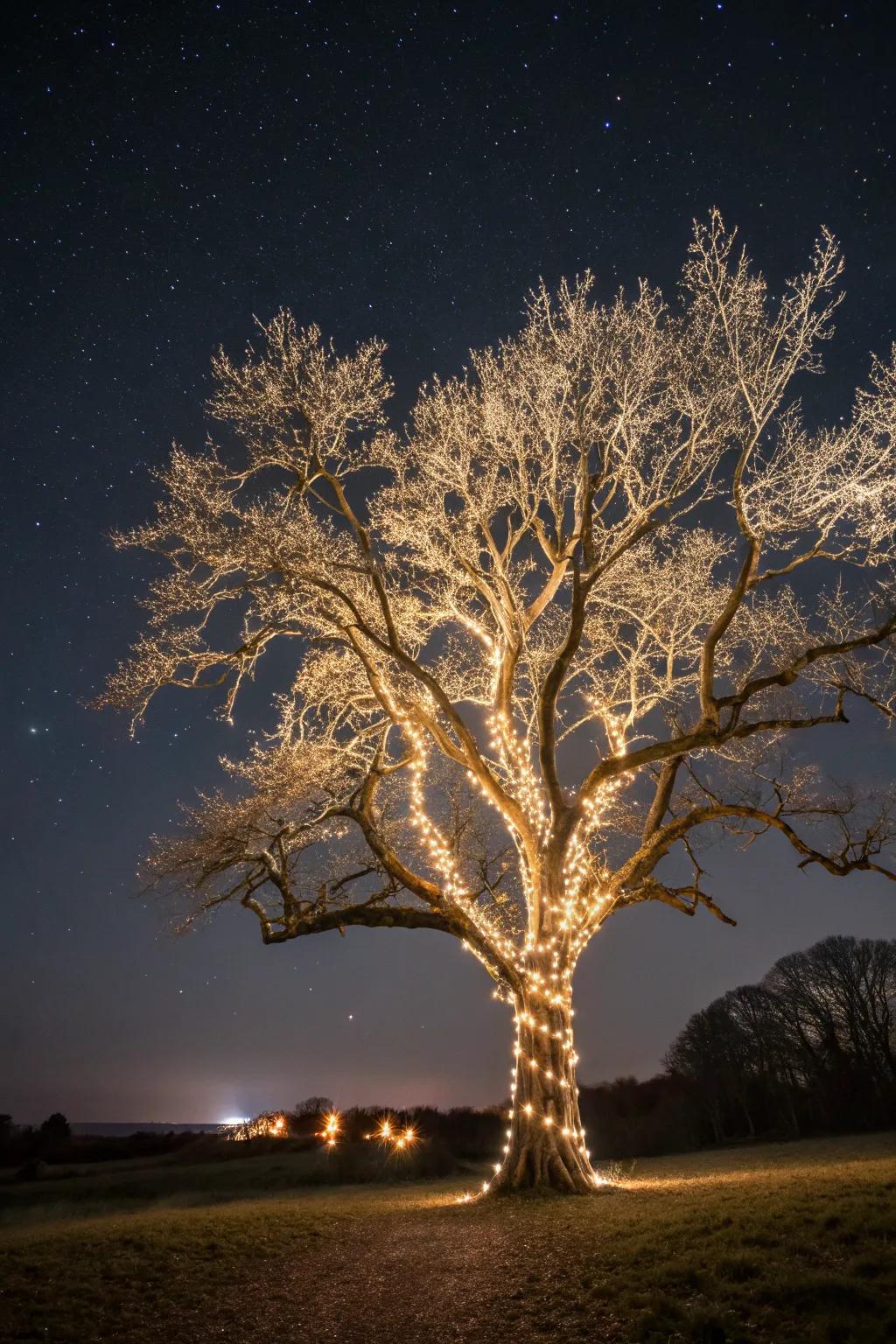 Twinkling lights transform an ordinary tree into a festive masterpiece.