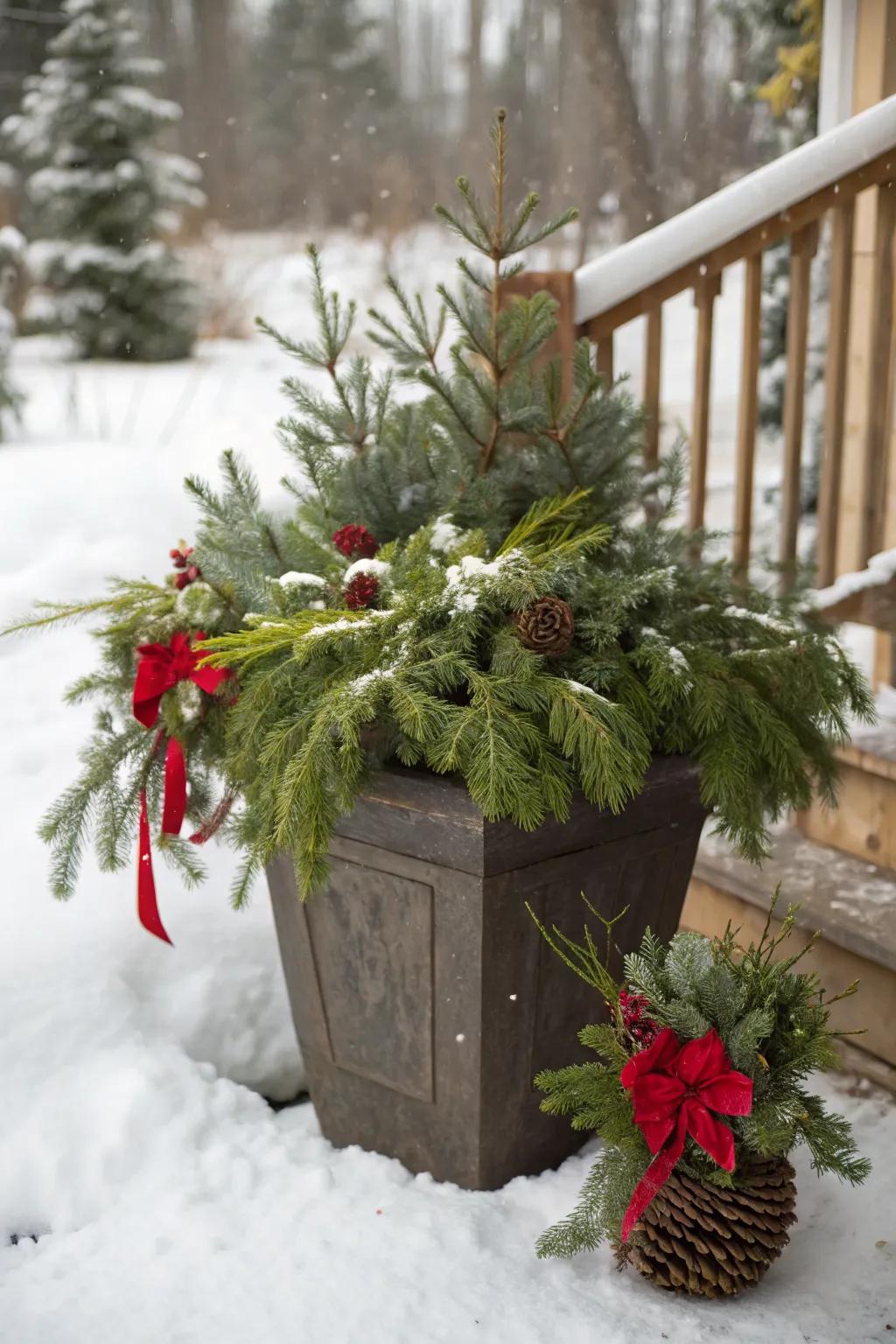 Evergreen branches form the classic base for a festive look.