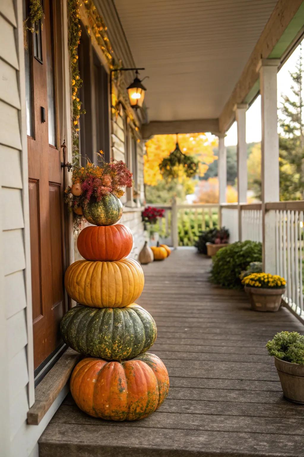 A vibrant pumpkin stack for fall porch decor.