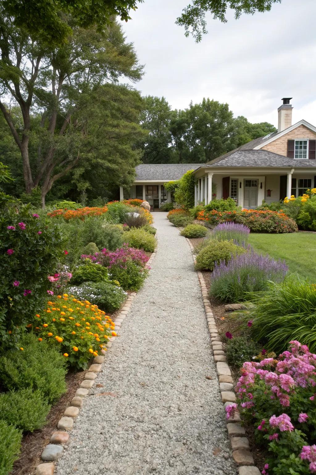 A charming gravel pathway guides guests to your front door.