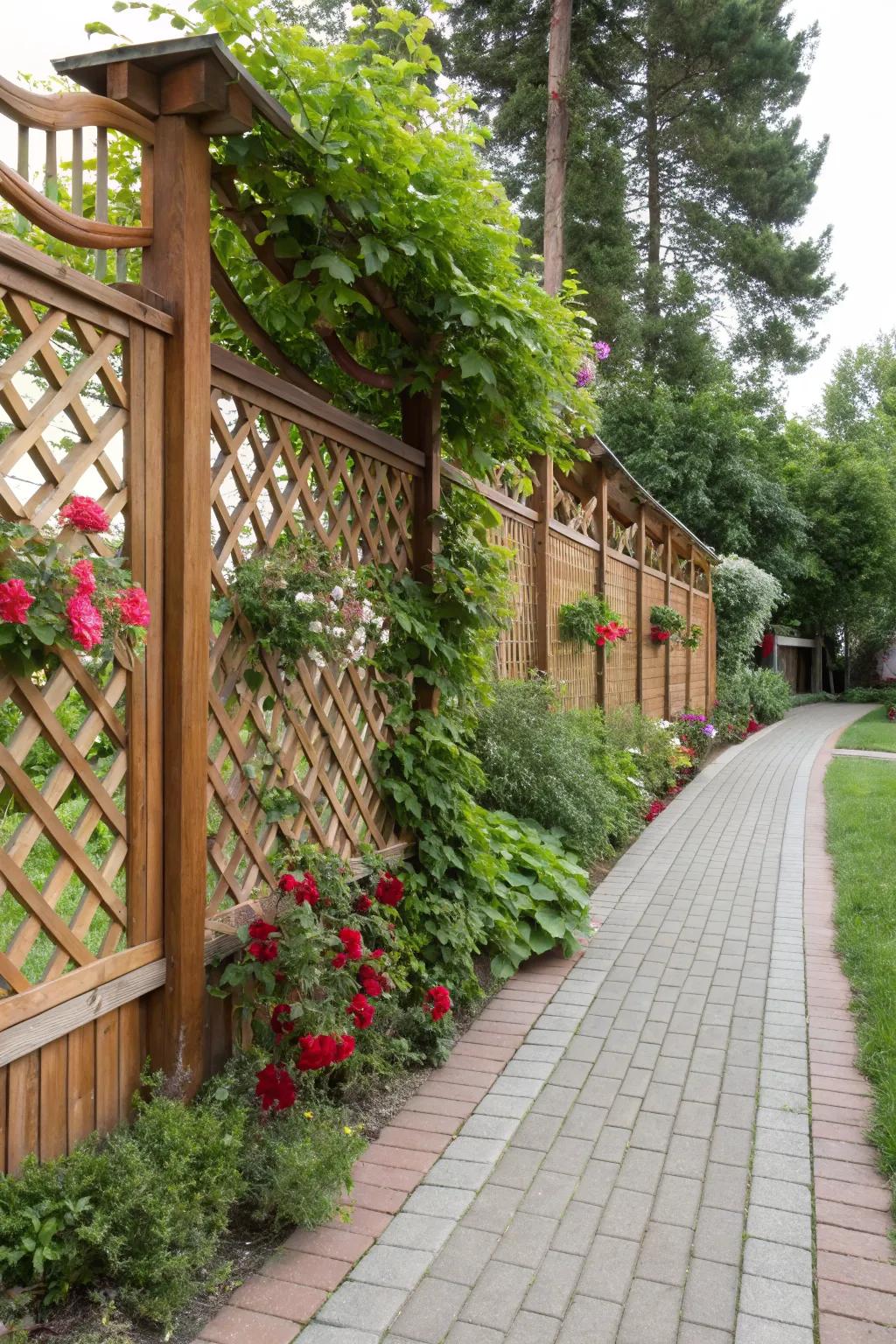 A classic wooden lattice fence adds charm and elegance.