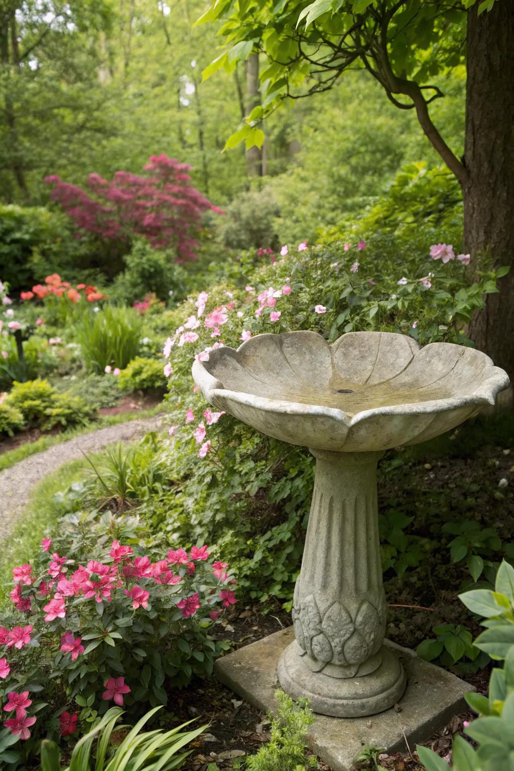 A concrete leaf bird bath adds an artistic touch to the garden.