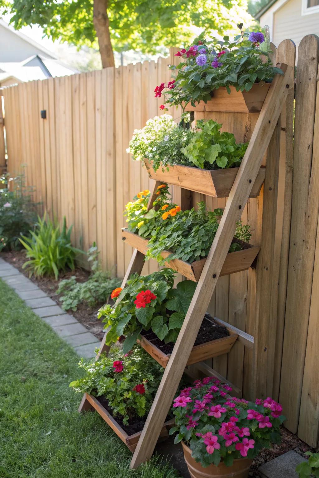 Maximize space with a multi-tiered wooden plant stand.