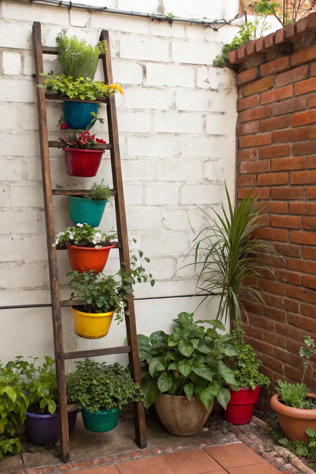 A vertical ladder planter brings vibrant life to narrow spaces.