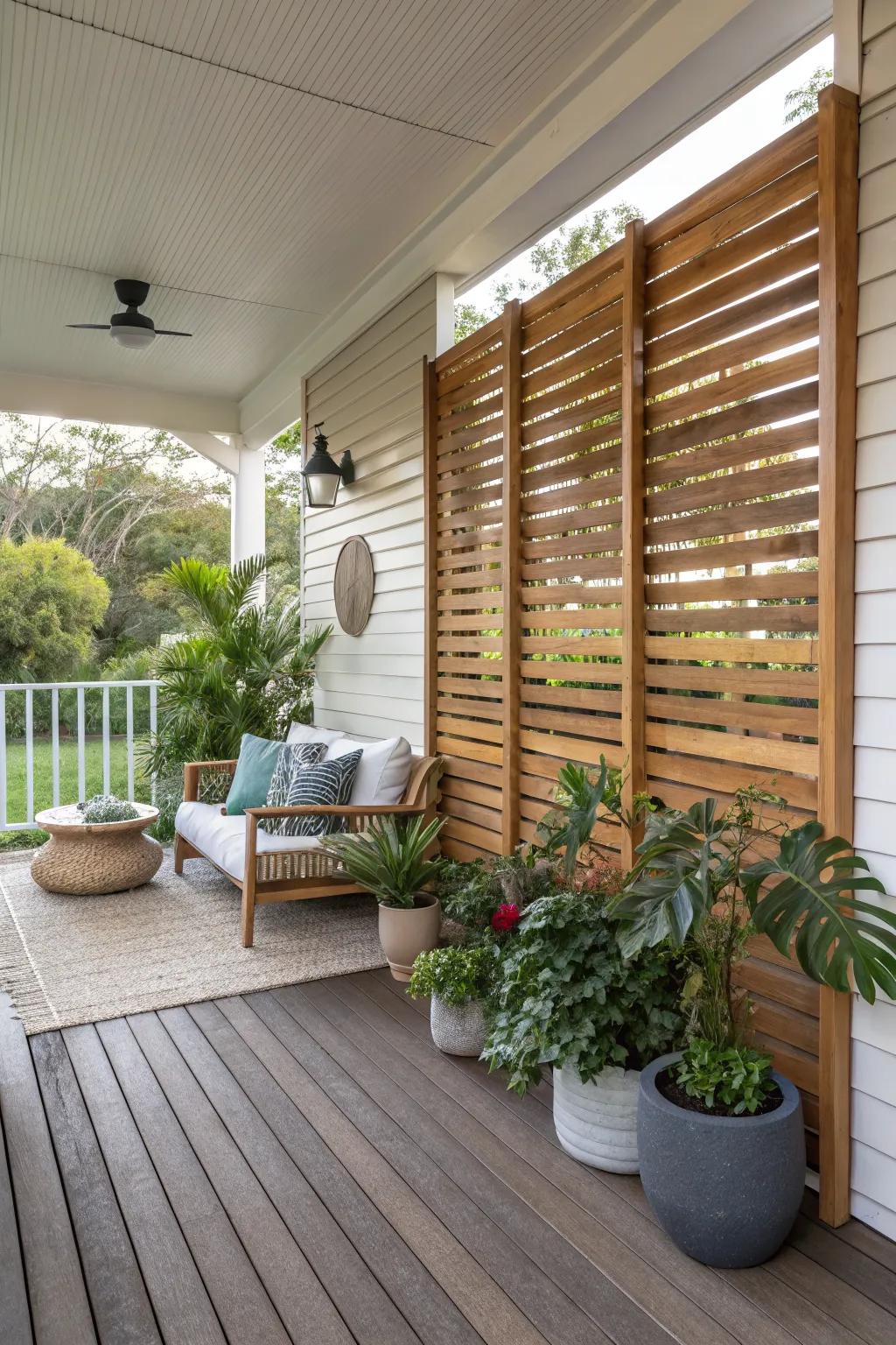 Create a stylish barrier with wooden slat screens.