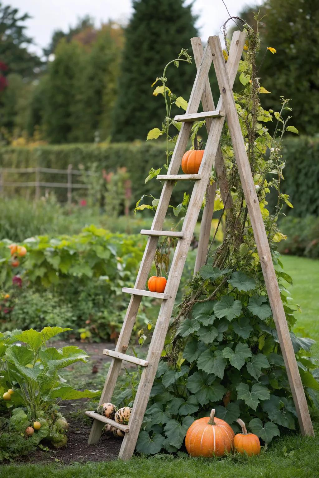 A simple wooden A-frame trellis making pumpkin growing a breeze.