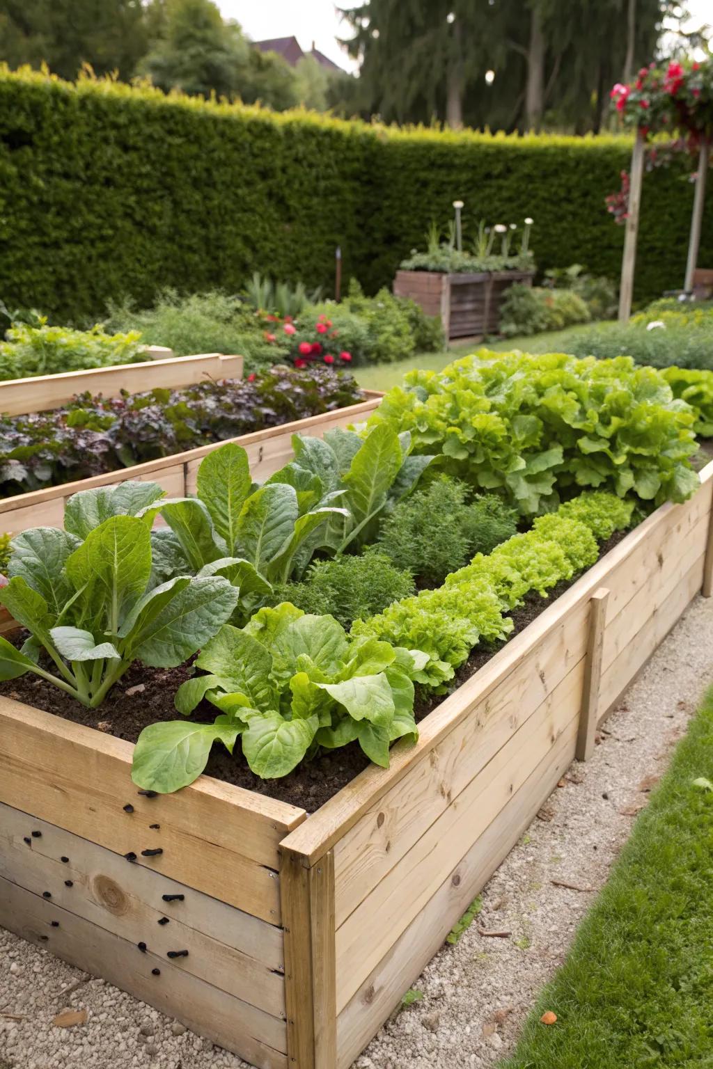 Raised wooden beds make gardening organized and accessible.