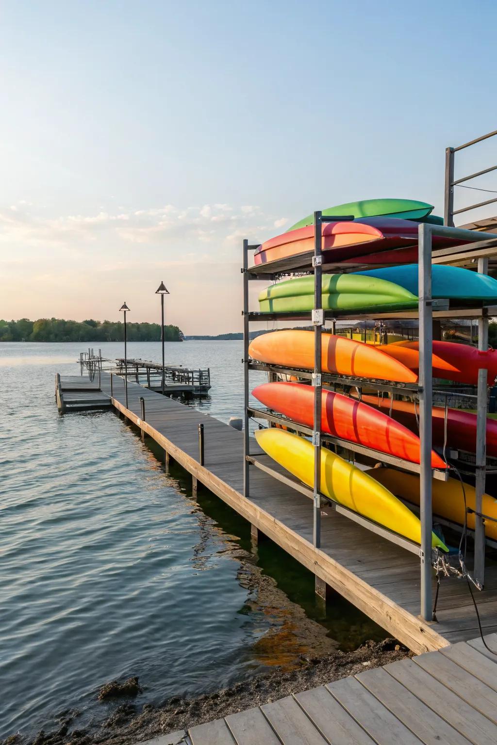Vertical kayak racks make the most of limited space on your dock.