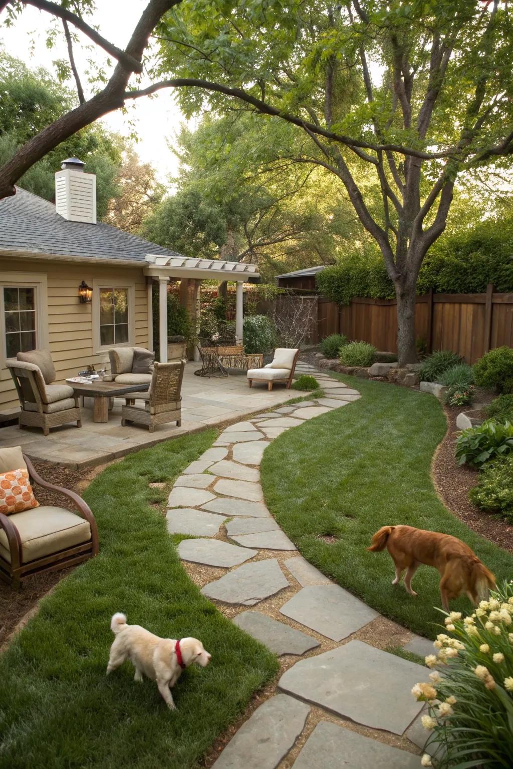 Hardscaping adds elegance and practicality to your pet-friendly garden.