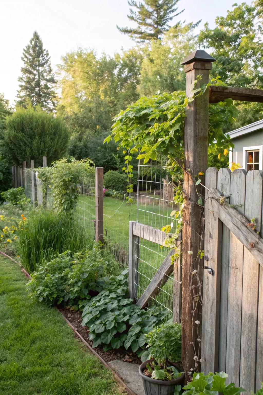A wood and wire fence adds rustic charm and security.