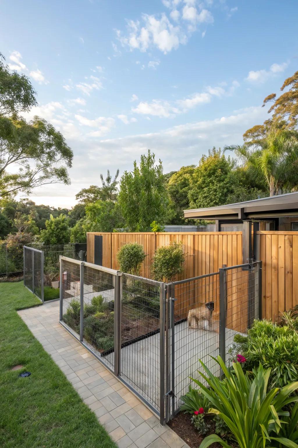 Secure and stylish: A mixed wood and metal fenced dog run.