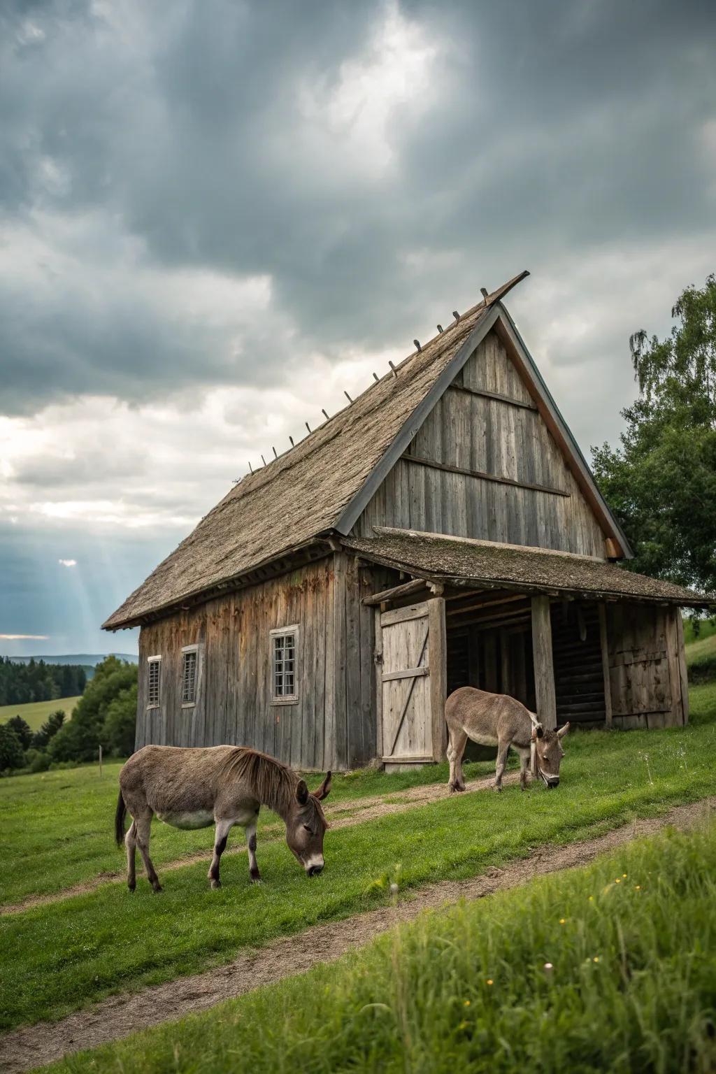 A classic wooden barn with donkeys enjoying their natural surroundings.