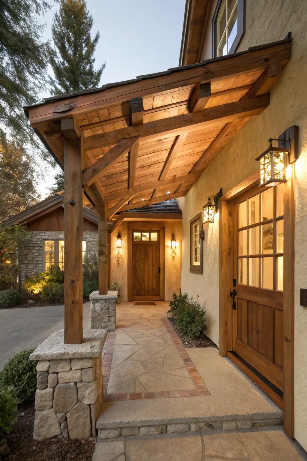 A rustic wooden awning adds timeless charm to this entrance.