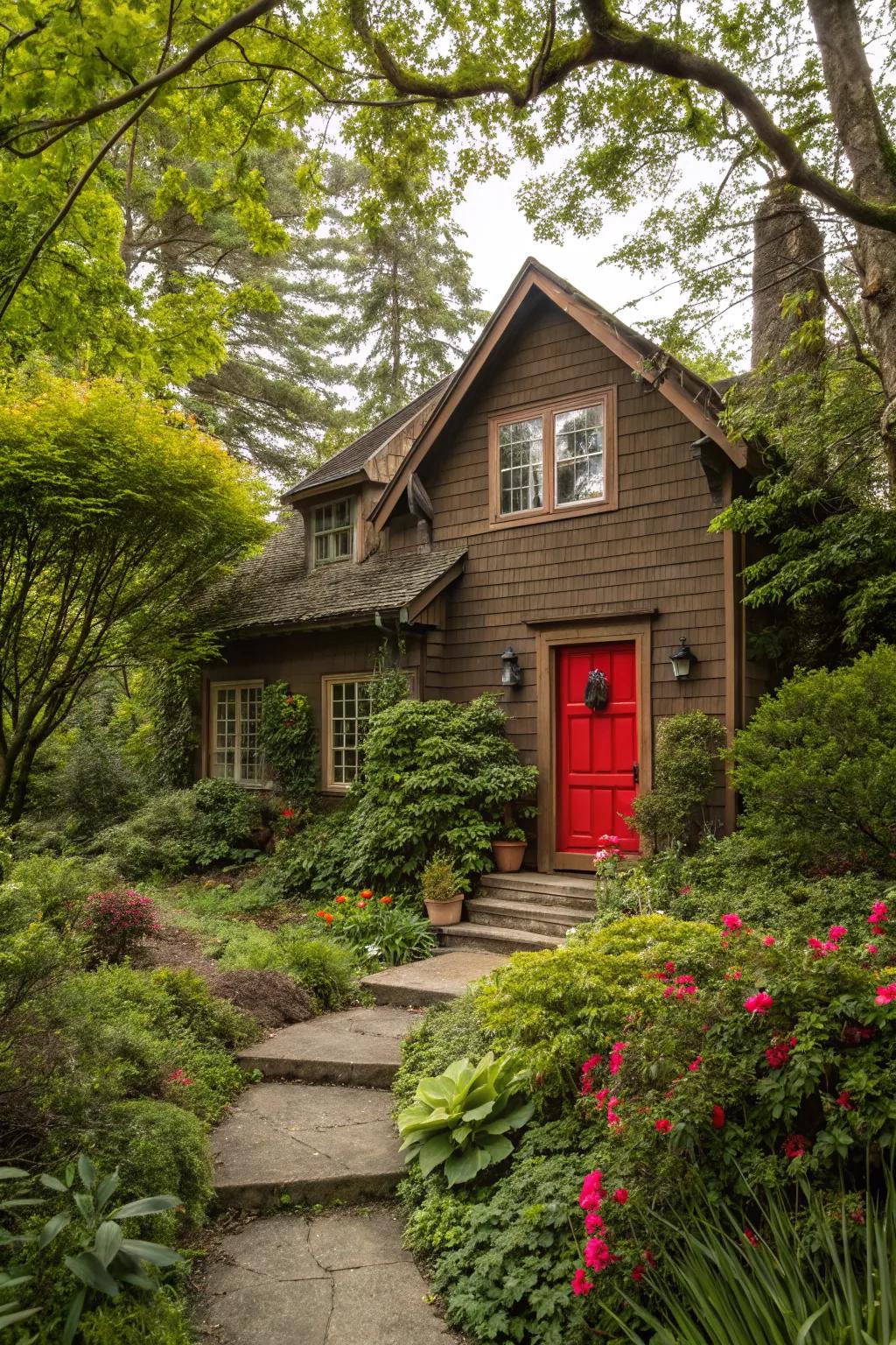A red door adds a classic, vibrant touch to any brown house.