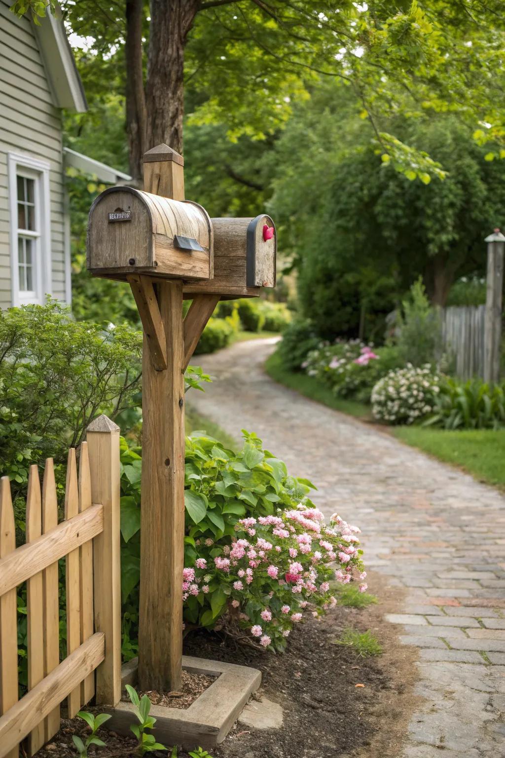 Rustic charm with a natural wooden double mailbox post.