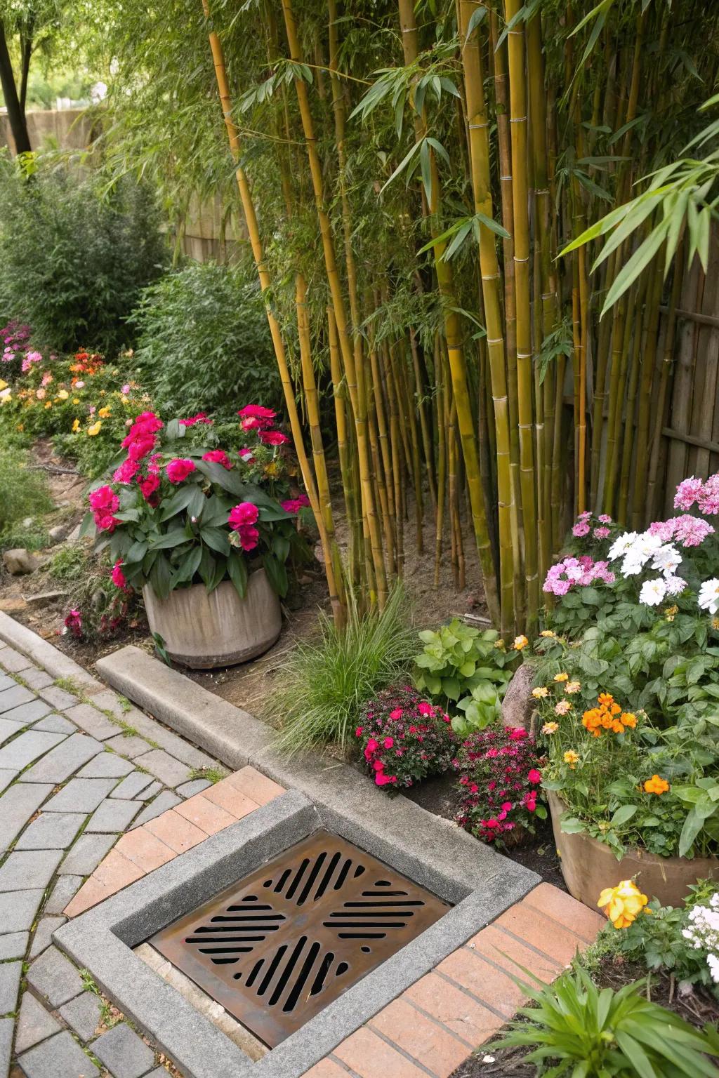 Tall potted plants as a natural disguise for outdoor drain covers.