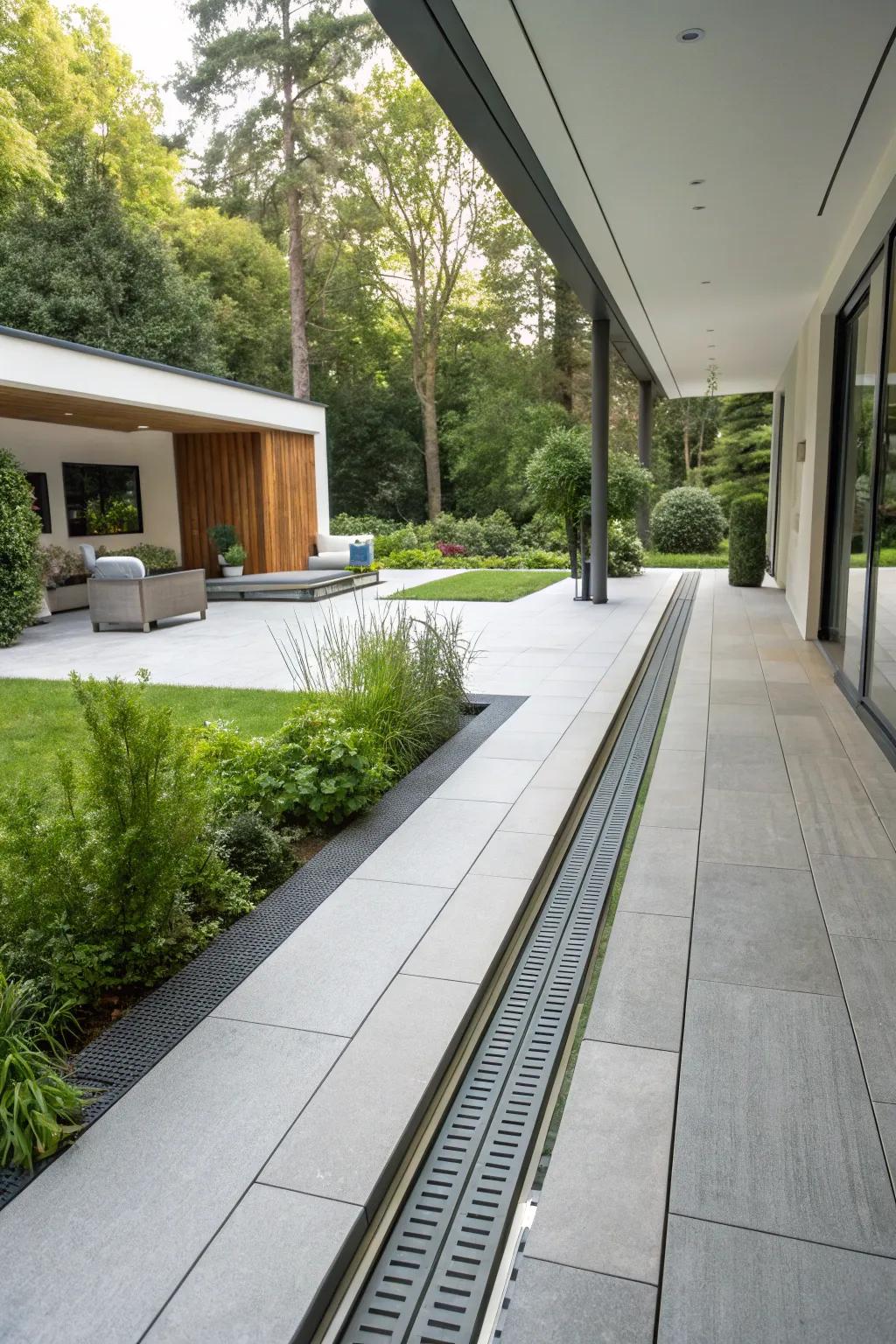 Modern linear drains blend seamlessly into the patio.