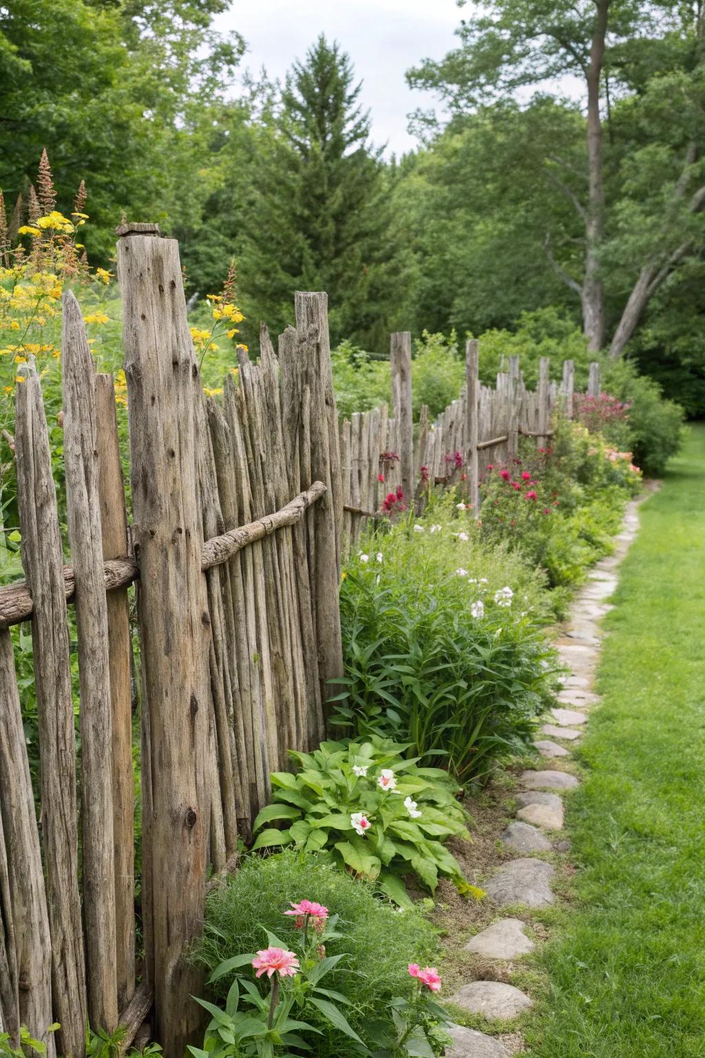 Vertical driftwood pieces create a rustic garden fence.