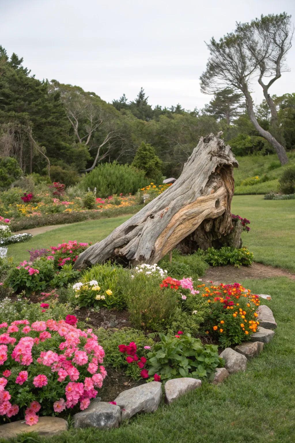 A statement driftwood sculpture in a vibrant garden setting.