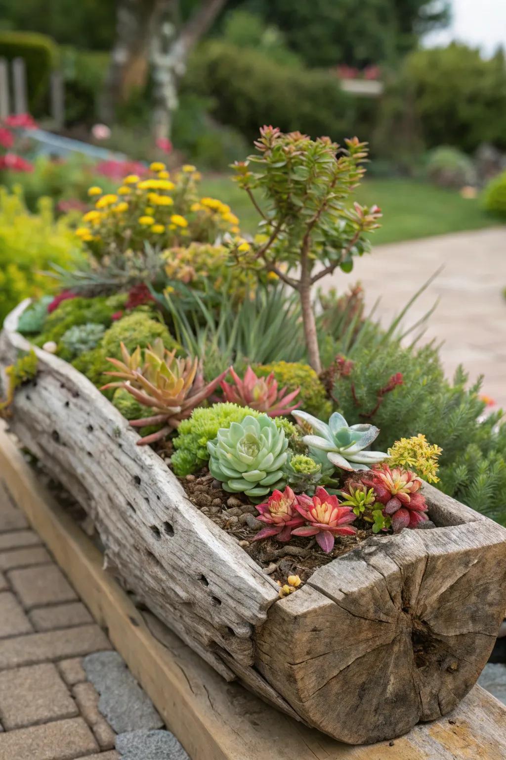 A rustic driftwood planter filled with vibrant succulents.