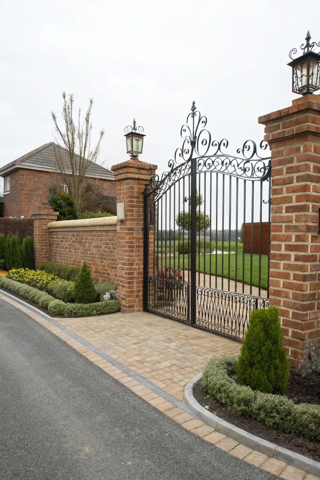 A classic combination of brick and wrought iron for a stately driveway entrance.