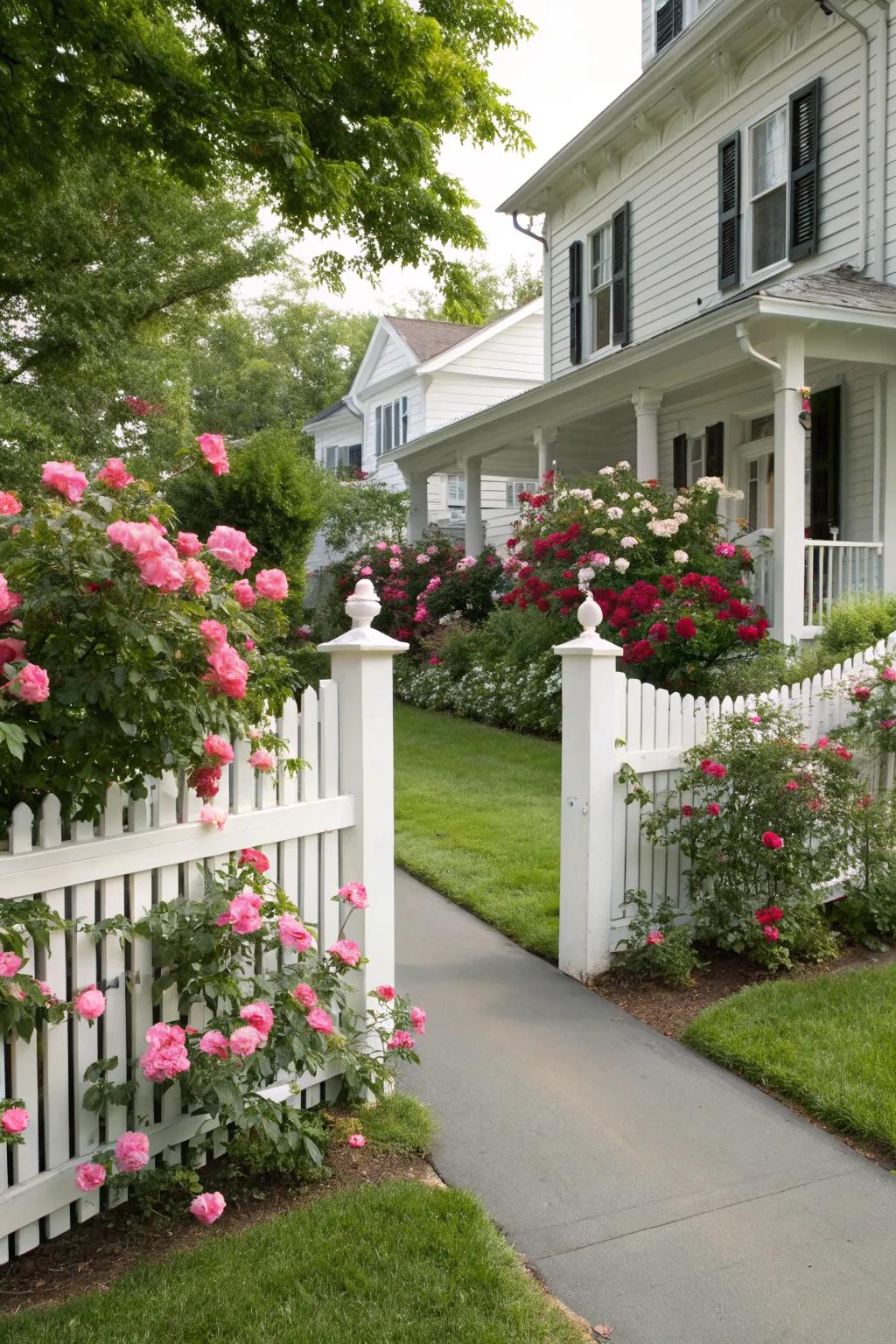 A classic white picket fence paired with roses creates a timeless look.