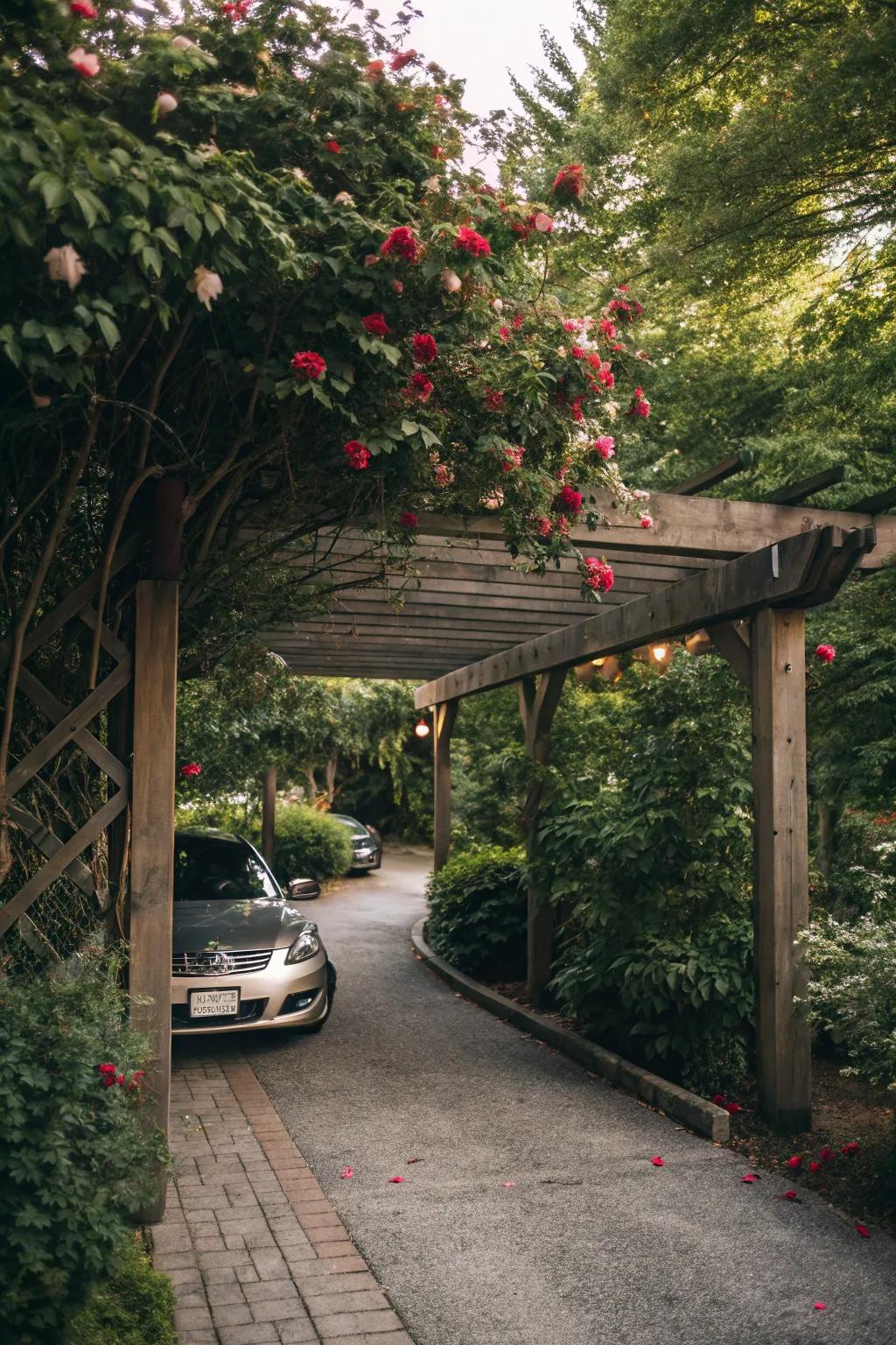 A pergola adorned with flowers creates a stunning and inviting driveway cover.